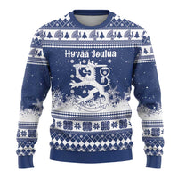 Finland Christmas Hannunvaakuna Ugly Christmas Sweater Hyvaa Joulua Nordic Snow Lion Blue Version - Wonder Print Shop