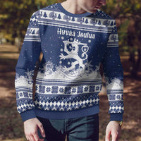 Finland Christmas Hannunvaakuna Ugly Christmas Sweater Hyvaa Joulua Nordic Snow Lion Blue Version - Wonder Print Shop