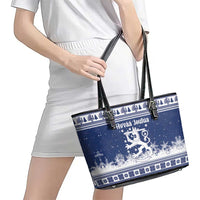 Finland Christmas Hannunvaakuna Leather Tote Bag Hyvaa Joulua Nordic Snow Lion Blue Version - Wonder Print Shop