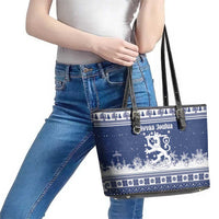 Finland Christmas Hannunvaakuna Leather Tote Bag Hyvaa Joulua Nordic Snow Lion Blue Version - Wonder Print Shop