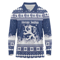 Finland Christmas Hannunvaakuna Long Sleeve Polo Shirt Hyvaa Joulua Nordic Snow Lion Blue Version - Wonder Print Shop