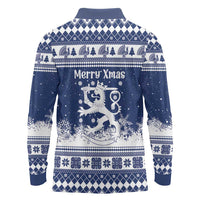 Finland Christmas Hannunvaakuna Long Sleeve Polo Shirt Hyvaa Joulua Nordic Snow Lion Blue Version - Wonder Print Shop