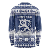 Finland Christmas Hannunvaakuna Long Sleeve Shirt Hyvaa Joulua Nordic Snow Lion Blue Version - Wonder Print Shop