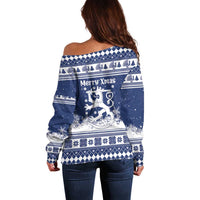 Finland Christmas Hannunvaakuna Off Shoulder Sweater Hyvaa Joulua Nordic Snow Lion Blue Version - Wonder Print Shop