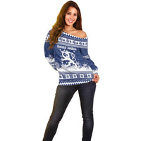 Finland Christmas Hannunvaakuna Off Shoulder Sweater Hyvaa Joulua Nordic Snow Lion Blue Version - Wonder Print Shop