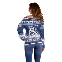 Finland Christmas Hannunvaakuna Off Shoulder Sweater Hyvaa Joulua Nordic Snow Lion Blue Version - Wonder Print Shop