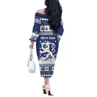 Finland Christmas Hannunvaakuna Off The Shoulder Long Sleeve Dress Hyvaa Joulua Nordic Snow Lion Blue Version - Wonder Print Shop