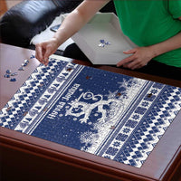 Finland Christmas Hannunvaakuna Puzzle Hyvaa Joulua Nordic Snow Lion Blue Version - Wonder Print Shop
