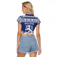 Finland Christmas Hannunvaakuna Raglan Cropped T Shirt Hyvaa Joulua Nordic Snow Lion Blue Version - Wonder Print Shop