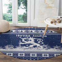 Finland Christmas Hannunvaakuna Round Carpet Hyvaa Joulua Nordic Snow Lion Blue Version - Wonder Print Shop