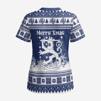 Finland Christmas Hannunvaakuna Scrub Top Hyvaa Joulua Nordic Snow Lion Blue Version - Wonder Print Shop