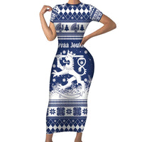 Finland Christmas Hannunvaakuna Short Sleeve Bodycon Dress Hyvaa Joulua Nordic Snow Lion Blue Version - Wonder Print Shop