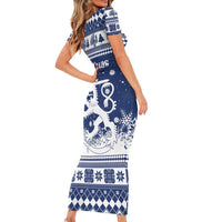 Finland Christmas Hannunvaakuna Short Sleeve Bodycon Dress Hyvaa Joulua Nordic Snow Lion Blue Version - Wonder Print Shop