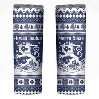 Finland Christmas Hannunvaakuna Skinny Tumbler Hyvaa Joulua Nordic Snow Lion Blue Version - Wonder Print Shop