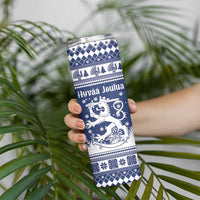 Finland Christmas Hannunvaakuna Skinny Tumbler Hyvaa Joulua Nordic Snow Lion Blue Version - Wonder Print Shop