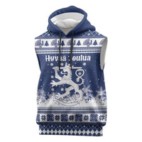 Finland Christmas Hannunvaakuna Sleeveless Hoodie Hyvaa Joulua Nordic Snow Lion Blue Version - Wonder Print Shop
