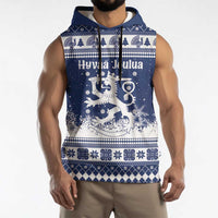 Finland Christmas Hannunvaakuna Sleeveless Hoodie Hyvaa Joulua Nordic Snow Lion Blue Version - Wonder Print Shop