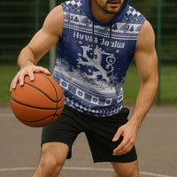 Finland Christmas Hannunvaakuna Sleeveless Hoodie Hyvaa Joulua Nordic Snow Lion Blue Version - Wonder Print Shop