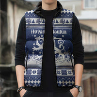 Finland Christmas Hannunvaakuna Sleeveless Puffer Jacket Hyvaa Joulua Nordic Snow Lion Blue Version - Wonder Print Shop