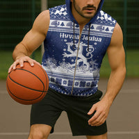 Finland Christmas Hannunvaakuna Sleeveless Zip Hoodie Hyvaa Joulua Nordic Snow Lion Blue Version - Wonder Print Shop