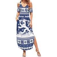 Finland Christmas Hannunvaakuna Summer Maxi Dress Hyvaa Joulua Nordic Snow Lion Blue Version - Wonder Print Shop
