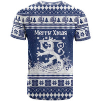 Finland Christmas Hannunvaakuna T Shirt Hyvaa Joulua Nordic Snow Lion Blue Version - Wonder Print Shop