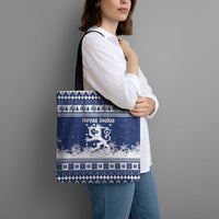 Finland Christmas Hannunvaakuna Tote Bag Hyvaa Joulua Nordic Snow Lion Blue Version - Wonder Print Shop