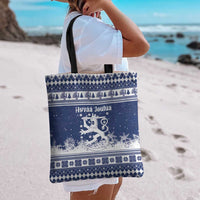 Finland Christmas Hannunvaakuna Tote Bag Hyvaa Joulua Nordic Snow Lion Blue Version - Wonder Print Shop