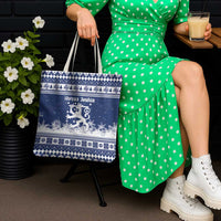 Finland Christmas Hannunvaakuna Tote Bag Hyvaa Joulua Nordic Snow Lion Blue Version - Wonder Print Shop