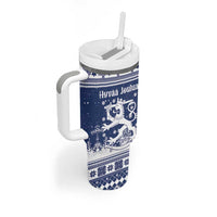 Finland Christmas Hannunvaakuna Tumbler With Handle Hyvaa Joulua Nordic Snow Lion Blue Version - Wonder Print Shop
