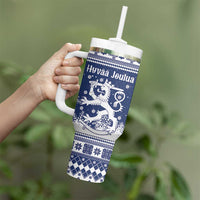 Finland Christmas Hannunvaakuna Tumbler With Handle Hyvaa Joulua Nordic Snow Lion Blue Version - Wonder Print Shop