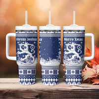 Finland Christmas Hannunvaakuna Tumbler With Handle Hyvaa Joulua Nordic Snow Lion Blue Version - Wonder Print Shop