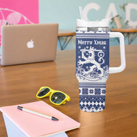 Finland Christmas Hannunvaakuna Tumbler With Handle Hyvaa Joulua Nordic Snow Lion Blue Version - Wonder Print Shop