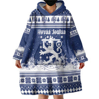 Finland Christmas Hannunvaakuna Wearable Blanket Hoodie Hyvaa Joulua Nordic Snow Lion Blue Version - Wonder Print Shop