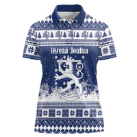 Finland Christmas Hannunvaakuna Women Polo Shirt Hyvaa Joulua Nordic Snow Lion Blue Version - Wonder Print Shop