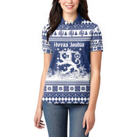 Finland Christmas Hannunvaakuna Women Polo Shirt Hyvaa Joulua Nordic Snow Lion Blue Version - Wonder Print Shop