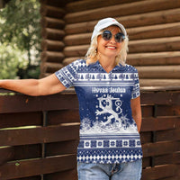 Finland Christmas Hannunvaakuna Women Polo Shirt Hyvaa Joulua Nordic Snow Lion Blue Version - Wonder Print Shop