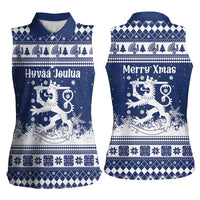 Finland Christmas Hannunvaakuna Women Sleeveless Polo Shirt Hyvaa Joulua Nordic Snow Lion Blue Version - Wonder Print Shop