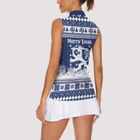 Finland Christmas Hannunvaakuna Women Sleeveless Polo Shirt Hyvaa Joulua Nordic Snow Lion Blue Version - Wonder Print Shop