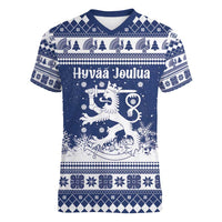 Finland Christmas Hannunvaakuna Women V-Neck T-Shirt Hyvaa Joulua Nordic Snow Lion Blue Version - Wonder Print Shop
