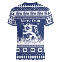 Finland Christmas Hannunvaakuna Women V-Neck T-Shirt Hyvaa Joulua Nordic Snow Lion Blue Version - Wonder Print Shop