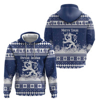 Finland Christmas Hannunvaakuna Zip Hoodie Hyvaa Joulua Nordic Snow Lion Blue Version - Wonder Print Shop