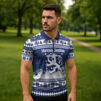 Finland Christmas Hannunvaakuna Zipper Polo Shirt Hyvaa Joulua Nordic Snow Lion Blue Version - Wonder Print Shop