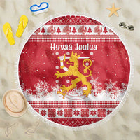 Finland Christmas Hannunvaakuna Beach Blanket Hyvaa Joulua Nordic Snow Lion Red Version - Wonder Print Shop