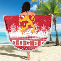 Finland Christmas Hannunvaakuna Beach Blanket Hyvaa Joulua Nordic Snow Lion Red Version - Wonder Print Shop