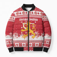 Finland Christmas Hannunvaakuna Bomber Puffer Jacket Hyvaa Joulua Nordic Snow Lion Red Version - Wonder Print Shop
