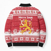 Finland Christmas Hannunvaakuna Bomber Puffer Jacket Hyvaa Joulua Nordic Snow Lion Red Version - Wonder Print Shop