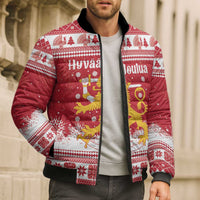 Finland Christmas Hannunvaakuna Bomber Puffer Jacket Hyvaa Joulua Nordic Snow Lion Red Version - Wonder Print Shop