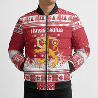 Finland Christmas Hannunvaakuna Bomber Puffer Jacket Hyvaa Joulua Nordic Snow Lion Red Version - Wonder Print Shop