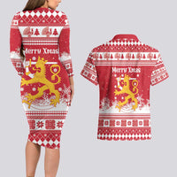 Finland Christmas Hannunvaakuna Couples Matching Long Sleeve Bodycon Dress and Hawaiian Shirt Hyvaa Joulua Nordic Snow Lion Red Version - Wonder Print Shop